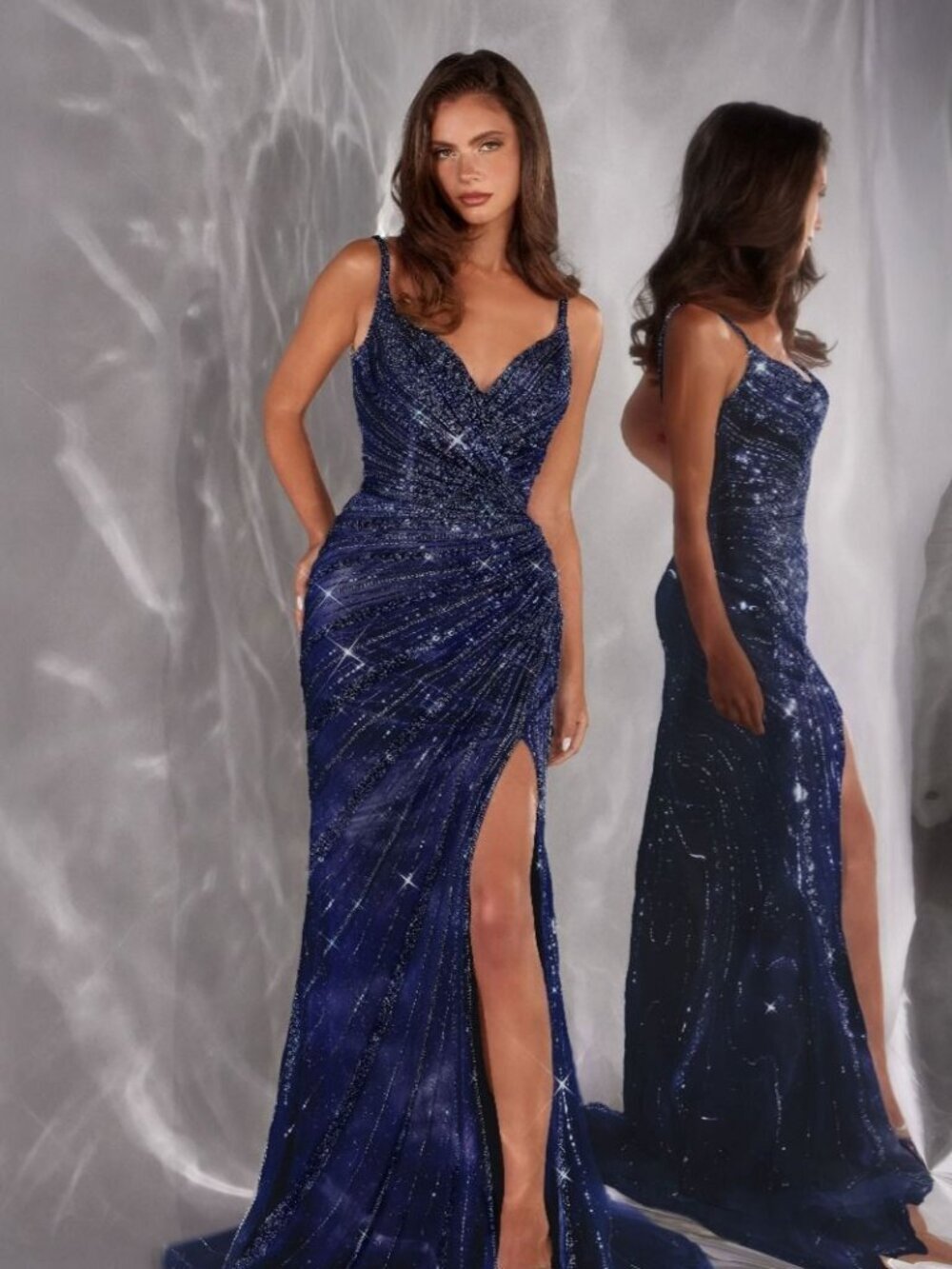 New Navy Sleeveless Sheath Beads Embellished Evening Gown w/V-back CD CC498